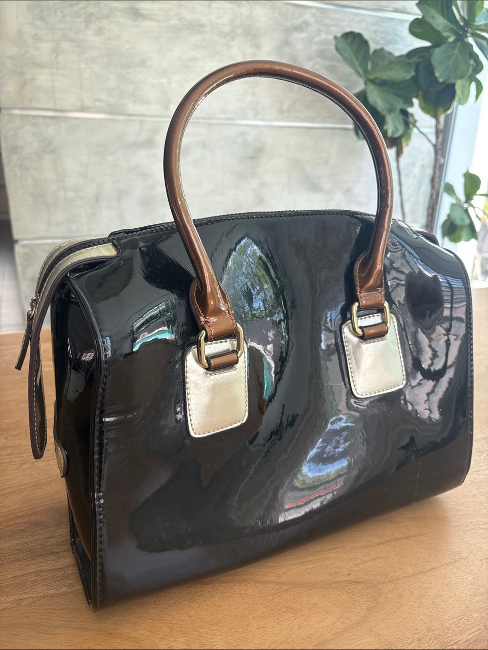 Large Black Charol Satchel with Tan Handles